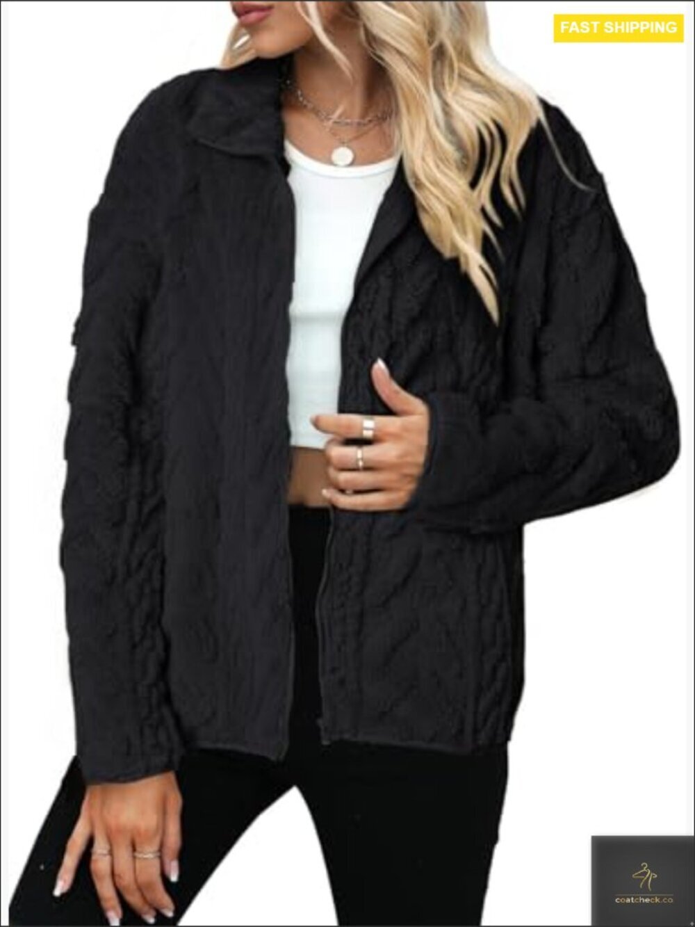 Oversized Fleece Jacket Casual Chic Winter Cozy Teddy Fabric Stand Collar - Picture 4 of 5